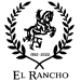Logotipo en negro del restaurante El Rancho en Tarifa, con un caballo encabritado montado por un jinete en el centro, rodeado por una corona de laurel. Debajo aparecen las fechas "1982 - 2022" y el nombre del restaurante "El Rancho" en letras mayúsculas elegantes.