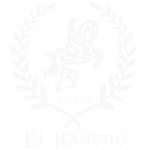 Logotipo en blanco y negro del restaurante El Rancho en Tarifa, con un caballo encabritado montado por un jinete en el centro, rodeado por una corona de laurel. Debajo aparecen las fechas "1982 - 2022" y el nombre del restaurante "El Rancho" en letras mayúsculas elegantes.