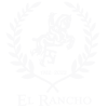 Logotipo en blanco y negro del restaurante El Rancho en Tarifa, con un caballo encabritado montado por un jinete en el centro, rodeado por una corona de laurel. Debajo aparecen las fechas "1982 - 2022" y el nombre del restaurante "El Rancho" en letras mayúsculas elegantes.